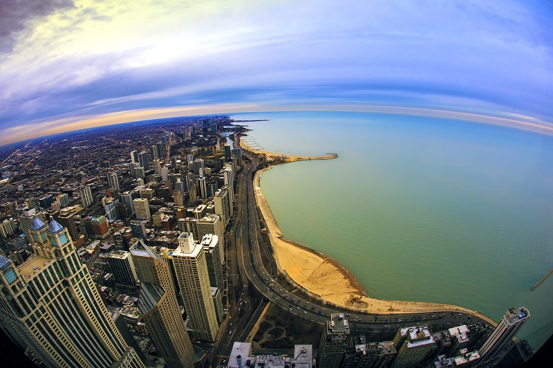 Chicago cityscape and the shore of Lake Michigan
