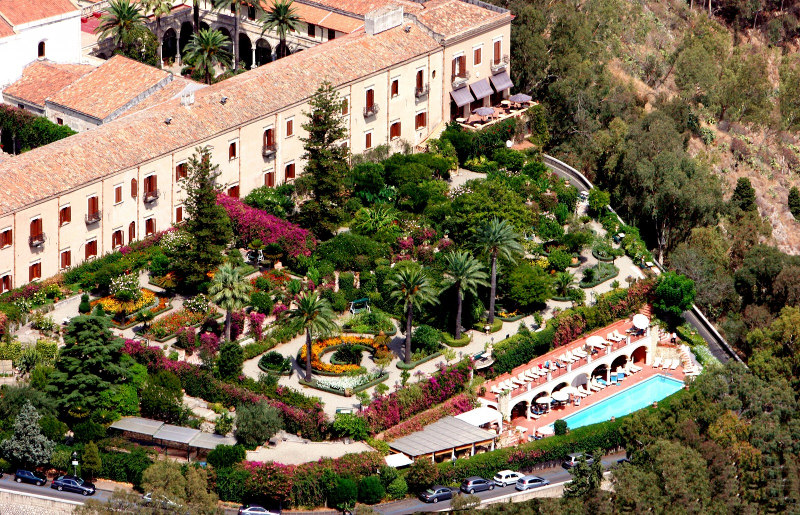 Beautiful formal gardens at a hotel, aerial view