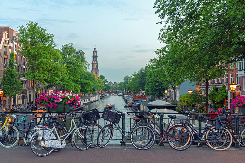 Bicycles on a bridge in Prinsengracht canal, Amsterdam