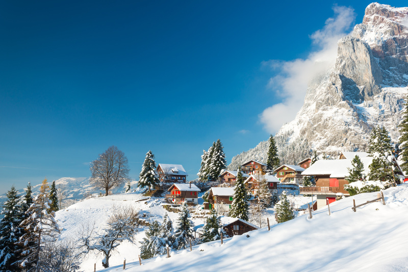 Switzerland winter houses in alps