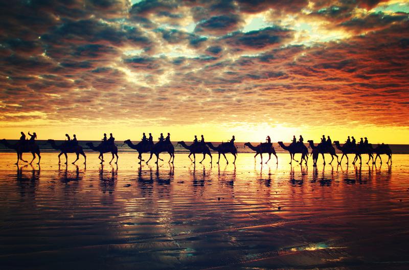 Sunset camelback ride along Cable Beach, Broome