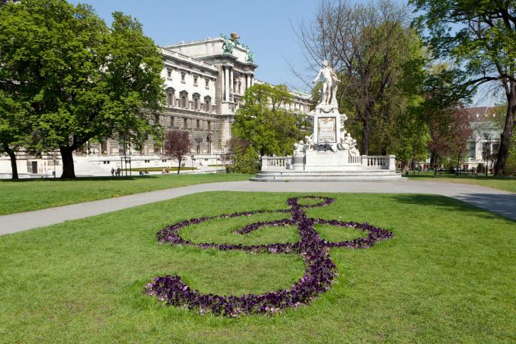 Statue of Mozart at the Hofburg Complex, Vienna. Image: Getty. 