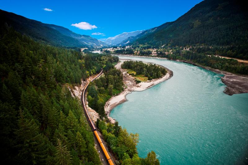 An elevated shot of the rocky mountaineer train